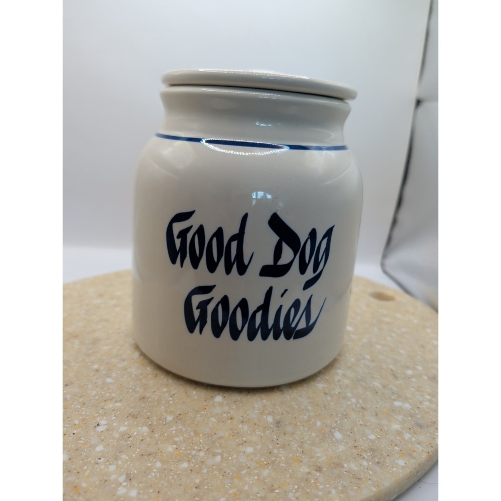 Vintage Clay Stoneware Ceramic Good Dog Goodies Treat Snack Container USA